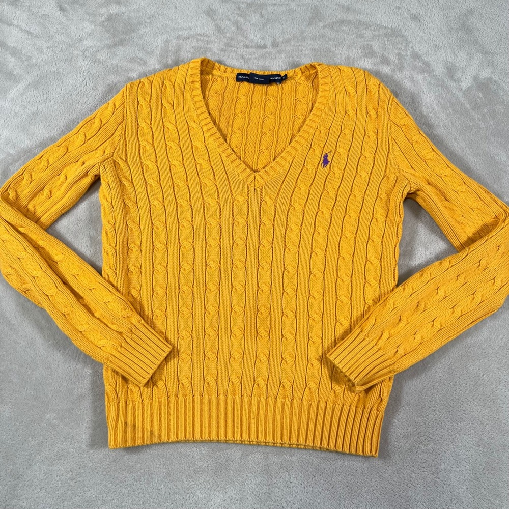 Ralph Lauren Sport Cable Knit Sweater Women's Size Medium Mustard Yellow Cotton